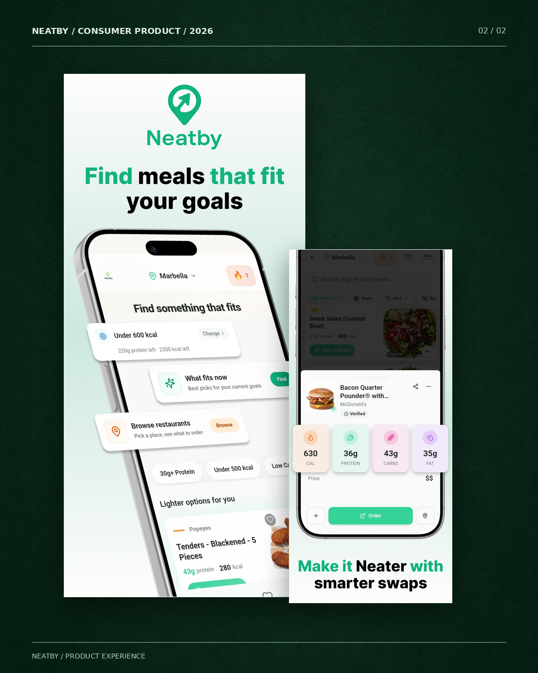 Neatby app screens showing meal discovery and macro details