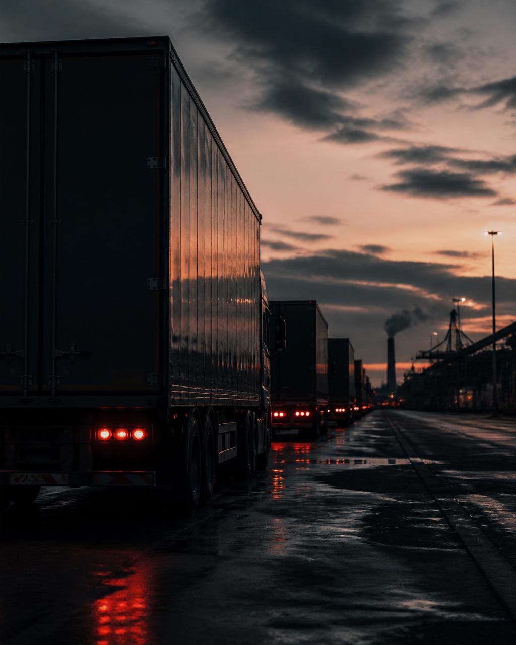 Freight trucks on an industrial road at dusk